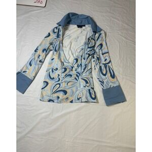 Debbie‎ Shuchat Blue Swirl Print Long Sleeve Collared Wrap Top Women S P